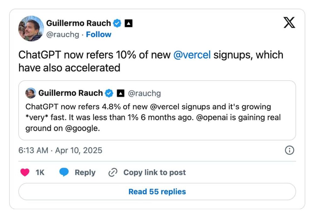 Vercel CEO X Post on ChatGPT